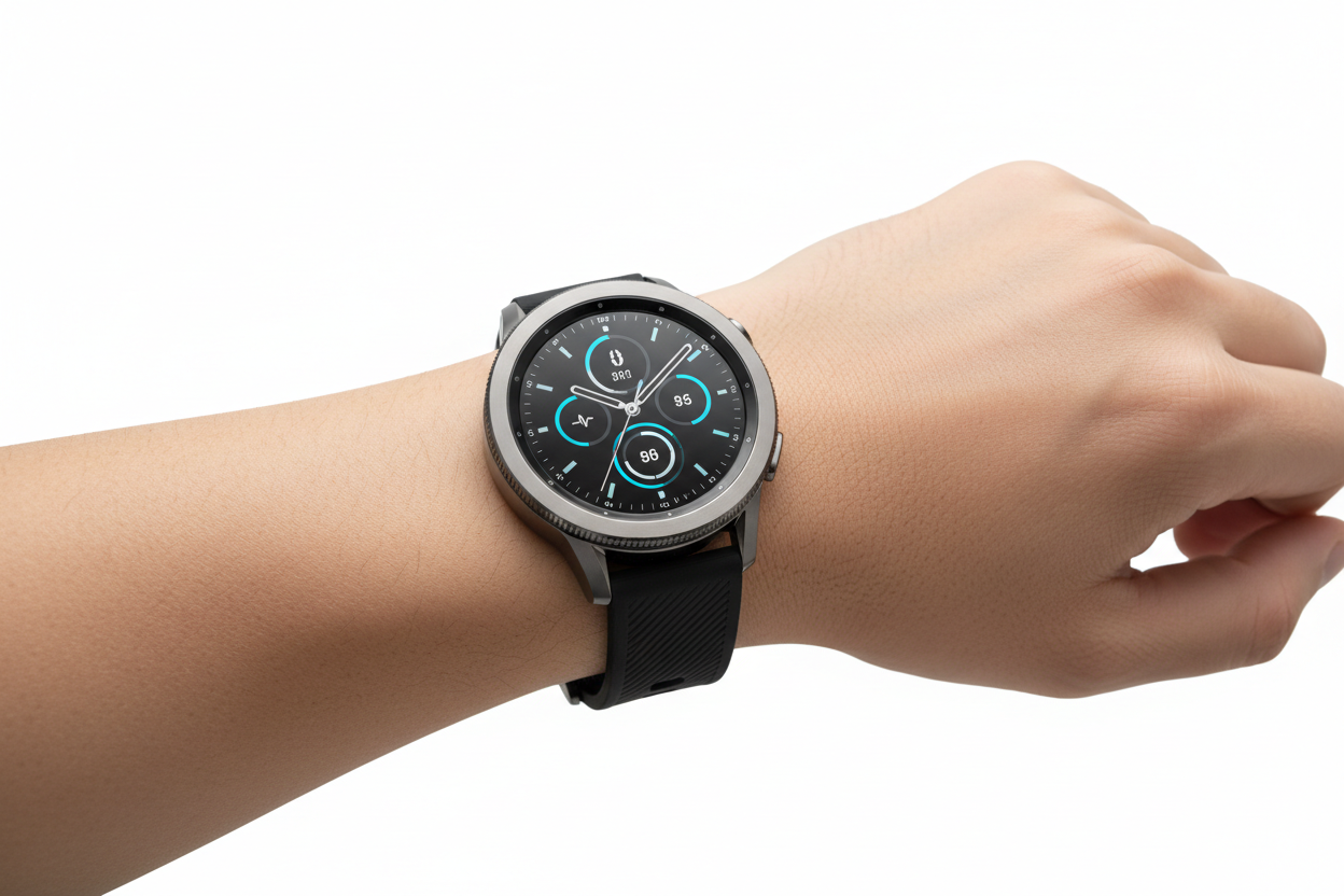 une smartwatche avec un design au cadrant rond sur un poignet avec un fond blanc